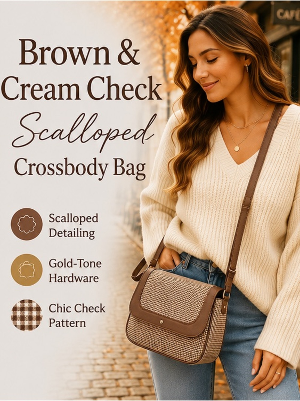 NWT LC Lauren Conrad Brown & Cream Check Scalloped Crossbody Bag